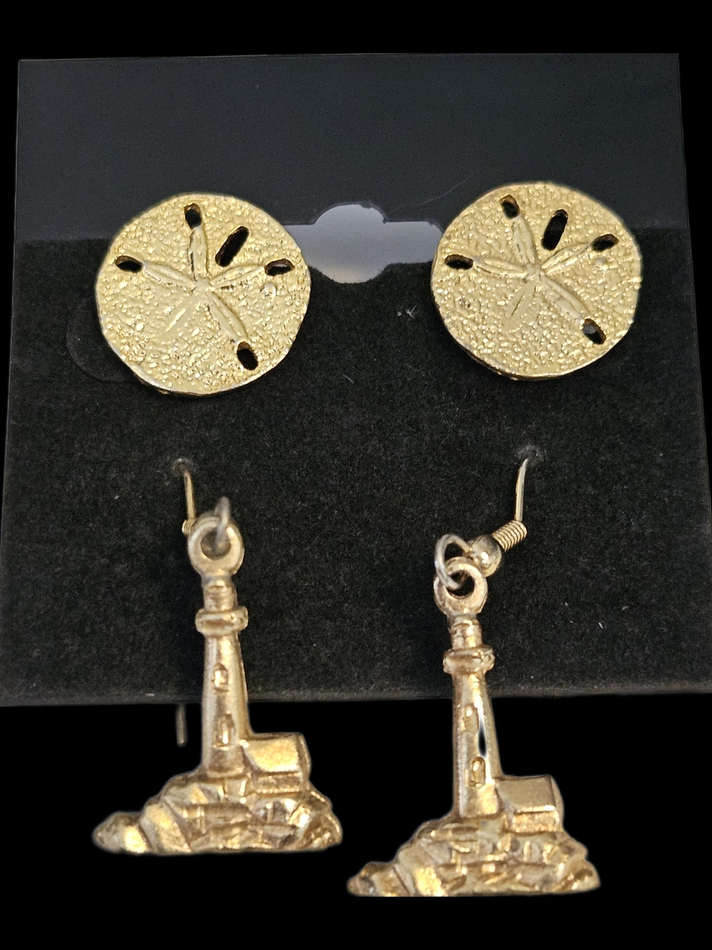 Gold Sand Dollar Studs and Lighthouse Drop Earrings - Women Jewelry Earrings Set